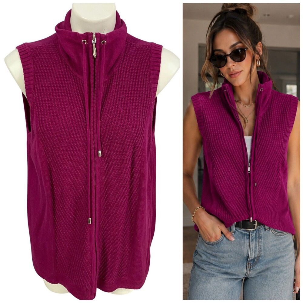 Christopher Banks Womens XL Fuchsia Pink Zip Sweater Vest Mock Neck Cardigan